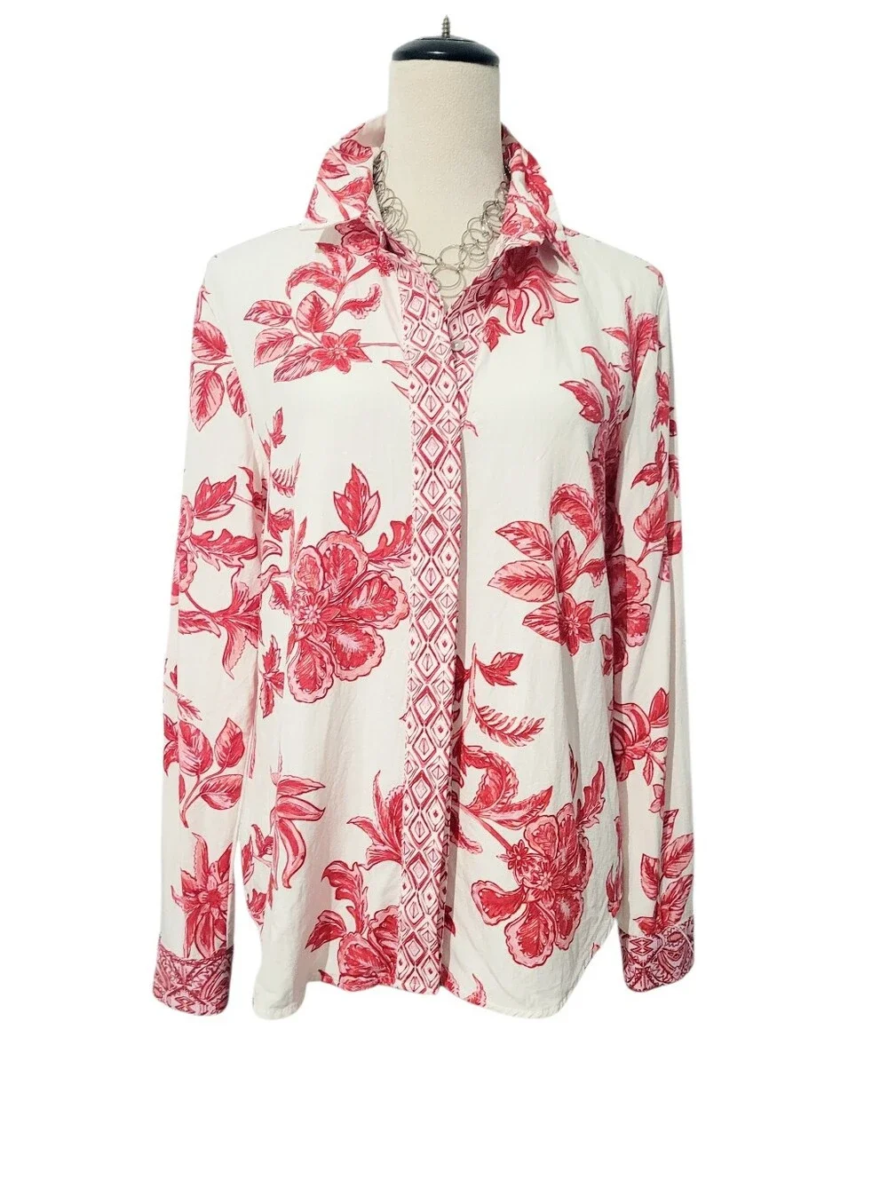 NWOT Zara Floral Linen Blend Button Front Blouse Women's Small Red White Boho - Picture 2 of 12